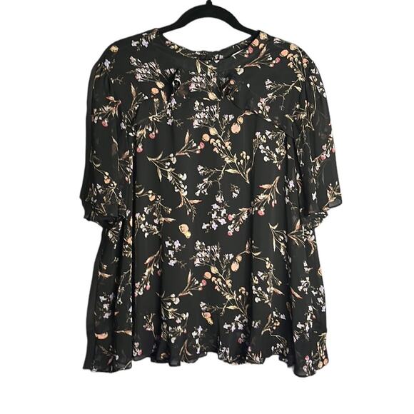 Collective Concepts Black Floral High Neck Blouse With Flutter Sleeves Size 2X - Picture 1 of 9